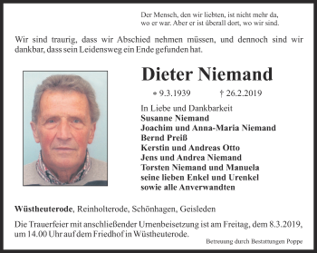 Traueranzeige von Dieter Niemand von Thüringer Allgemeine