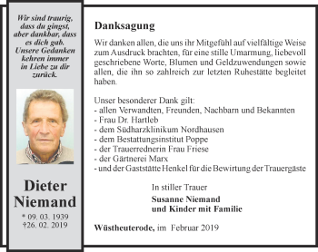 Traueranzeige von Dieter Niemand von Thüringer Allgemeine