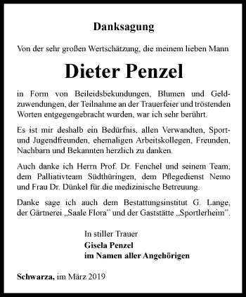 Traueranzeige von Dieter Penzel von Ostthüringer Zeitung