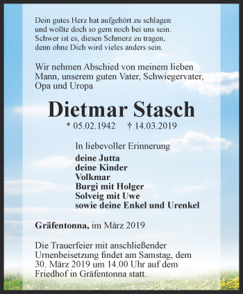 Traueranzeige von Dietmar Stasch von Thüringer Allgemeine, Thüringische Landeszeitung