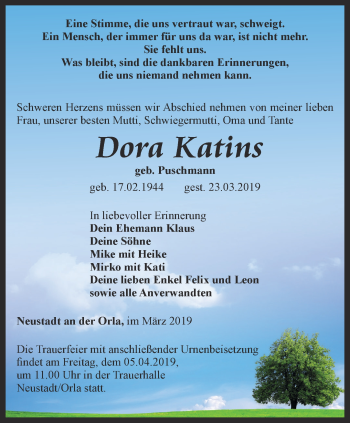 Traueranzeige von Dora Katins von Ostthüringer Zeitung