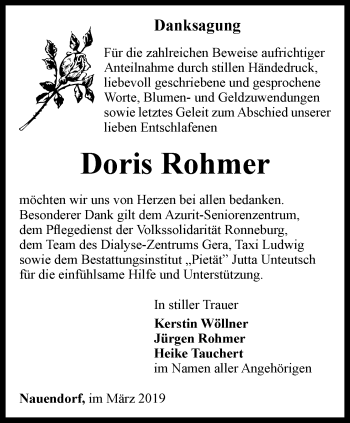 Traueranzeige von Doris Rohmer von Ostthüringer Zeitung