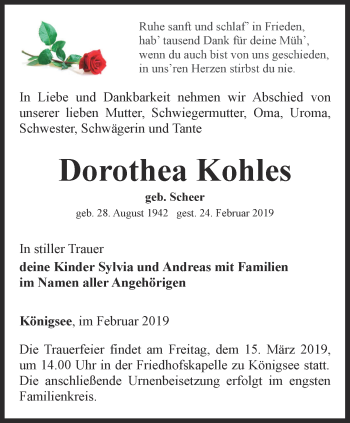 Traueranzeige von Dorothea Kohles von Ostthüringer Zeitung