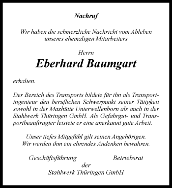 Traueranzeige von Eberhard Baumgart von Ostthüringer Zeitung