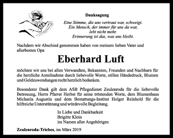 Traueranzeige von Eberhard Luft von Ostthüringer Zeitung