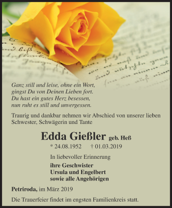 Traueranzeige von Edda Gießler von Ostthüringer Zeitung, Thüringische Landeszeitung