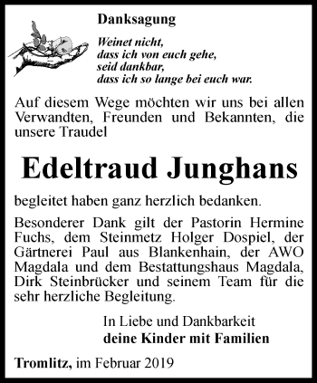 Traueranzeige von Edeltraud Junghans von Thüringer Allgemeine, Thüringische Landeszeitung