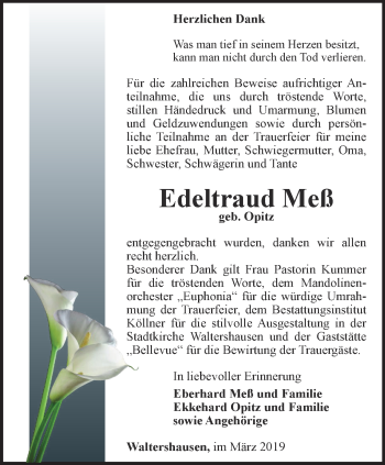 Traueranzeige von Edeltraud Meß von Ostthüringer Zeitung, Thüringische Landeszeitung