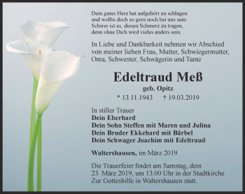 Traueranzeige von Edeltraud Meß von Ostthüringer Zeitung, Thüringische Landeszeitung