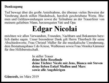 Traueranzeige von Edgar Nicolai von Thüringer Allgemeine