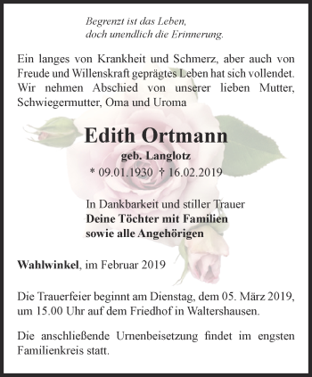 Traueranzeige von Edith Ortmann von Ostthüringer Zeitung, Thüringische Landeszeitung