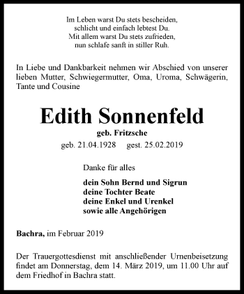 Traueranzeige von Edith Sonnenfeld von Thüringer Allgemeine