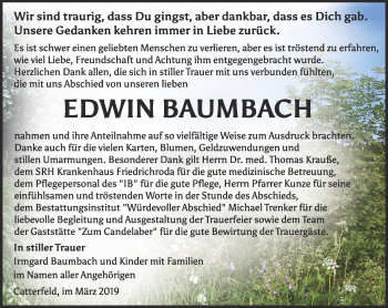 Traueranzeige von Edwin Baumbach von Ostthüringer Zeitung, Thüringische Landeszeitung