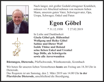 Traueranzeige von Egon Göbel von Thüringer Allgemeine