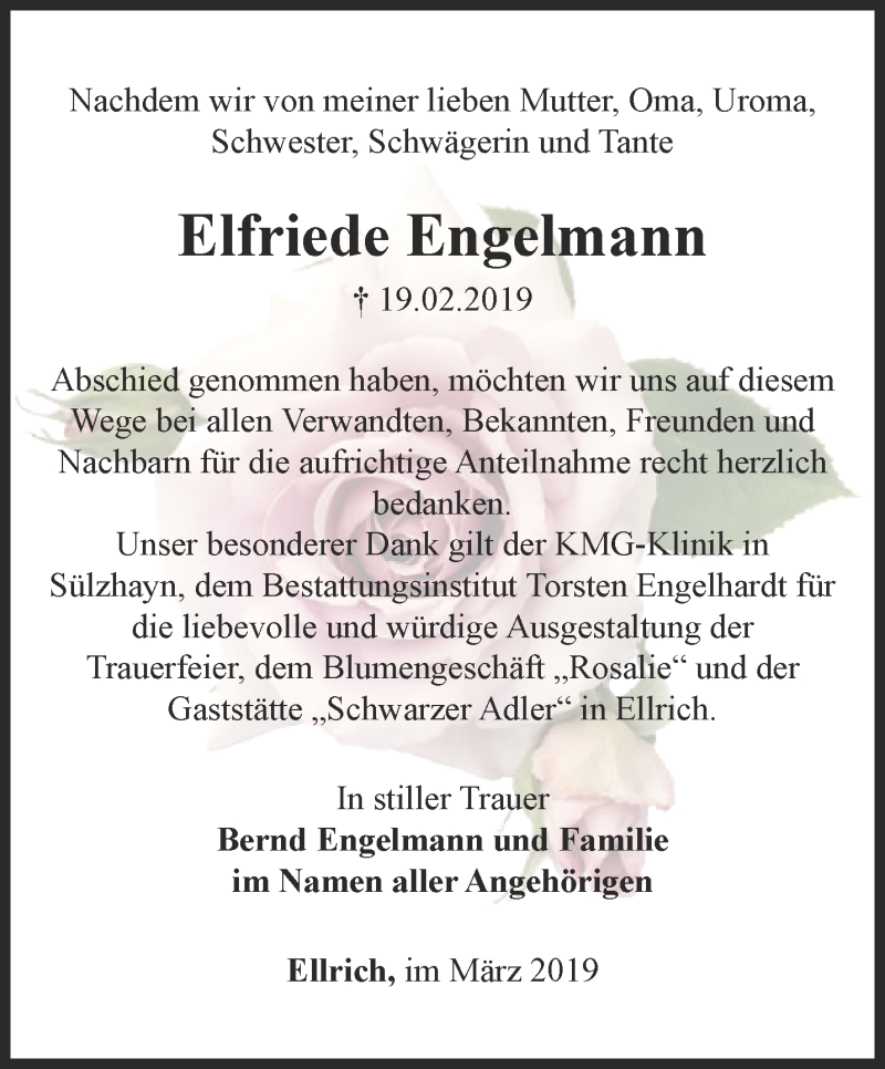  Traueranzeige für Elfriede Engelmann vom 22.03.2019 aus Thüringer Allgemeine
