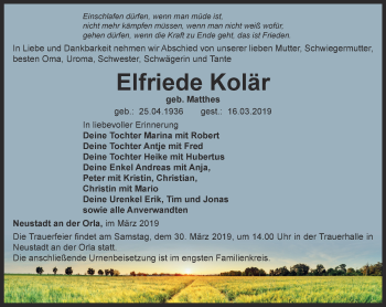 Traueranzeige von Elfriede Kolär von Ostthüringer Zeitung