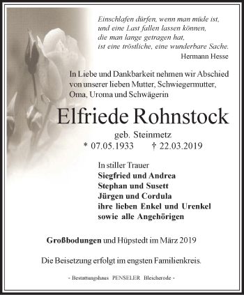 Traueranzeige von Elfriede Rohnstock von Thüringer Allgemeine