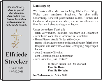 Traueranzeige von Elfriede Strecker von Thüringer Allgemeine