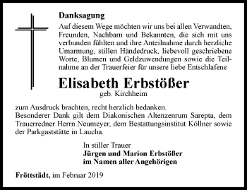 Traueranzeige von Elisabeth Erbstößer von Ostthüringer Zeitung, Thüringische Landeszeitung