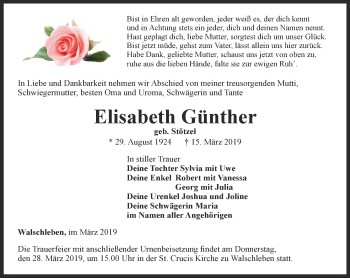 Traueranzeige von Elisabeth Günther von Thüringer Allgemeine, Thüringische Landeszeitung