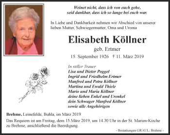 Traueranzeige von Elisabeth Köllner von Thüringer Allgemeine