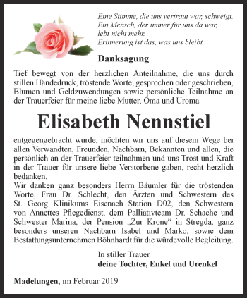 Traueranzeige von Elisabeth Nennstiel von Thüringer Allgemeine, Thüringische Landeszeitung