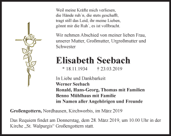 Traueranzeige von Elisabeth Seebach von Thüringer Allgemeine, Thüringische Landeszeitung