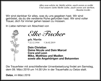 Traueranzeige von Elke Fischer von Ostthüringer Zeitung