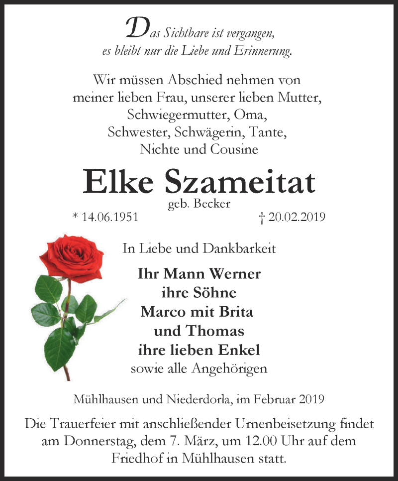  Traueranzeige für Elke Szameitat vom 02.03.2019 aus Thüringer Allgemeine, Thüringische Landeszeitung