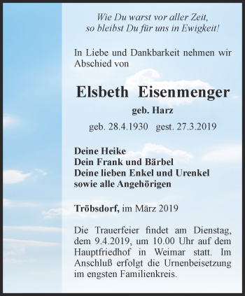 Traueranzeige von Elsbeth Eisenmenger von Thüringer Allgemeine, Thüringische Landeszeitung