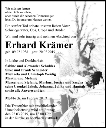 Traueranzeige von Erhard Krämer von Ostthüringer Zeitung