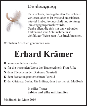 Traueranzeige von Erhard Krämer von Ostthüringer Zeitung