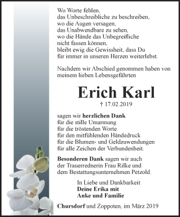 Traueranzeige von Erich Karl von Ostthüringer Zeitung