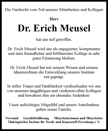 Traueranzeige von Erich Meusel von Ostthüringer Zeitung