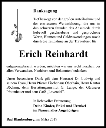 Traueranzeige von Erich Reinhardt von Ostthüringer Zeitung