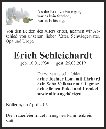 Traueranzeige von Erich Schleichardt von Thüringer Allgemeine