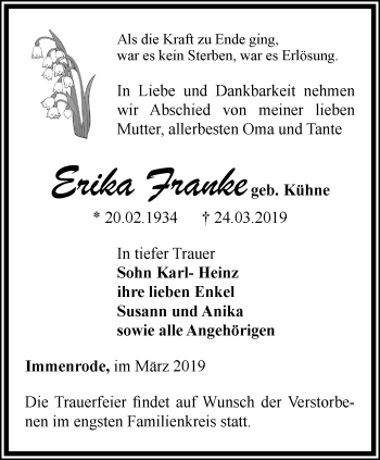 Traueranzeige von Erika Franke von Thüringer Allgemeine