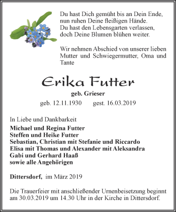 Traueranzeige von Erika Futter von Ostthüringer Zeitung