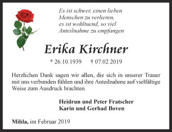 Traueranzeige von Erika Kirchner von Thüringer Allgemeine, Thüringische Landeszeitung