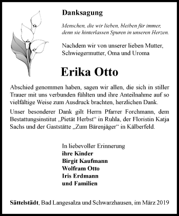 Traueranzeige von Erika Otto von Ostthüringer Zeitung, Thüringische Landeszeitung