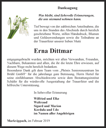 Traueranzeige von Erna Dittmar von Thüringer Allgemeine