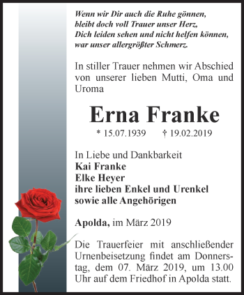 Traueranzeige von Erna Franke von Thüringer Allgemeine, Thüringische Landeszeitung