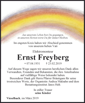 Traueranzeige von Ernst Freyberg von Thüringer Allgemeine, Thüringische Landeszeitung