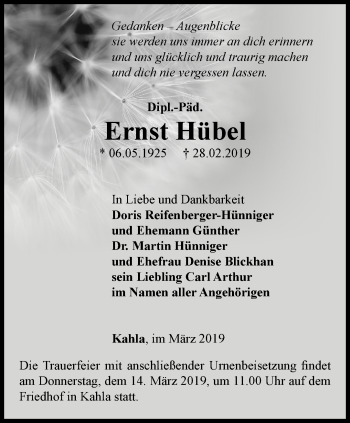 Traueranzeige von Ernst Hübel von Ostthüringer Zeitung, Thüringische Landeszeitung