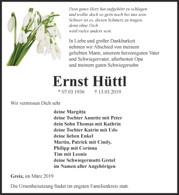 Traueranzeige von Ernst Hüttl