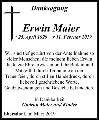 Traueranzeige von Erwin Maier von Ostthüringer Zeitung