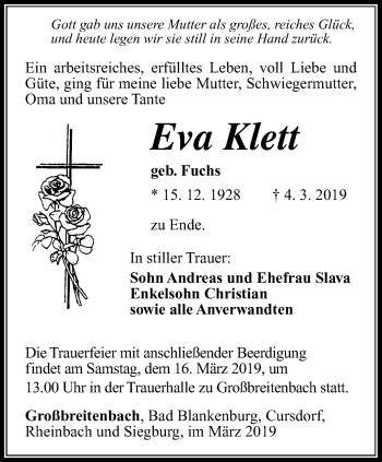 Traueranzeige von Eva Klett von Thüringer Allgemeine