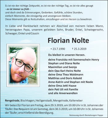 Traueranzeige von Florian Nolte von Thüringer Allgemeine