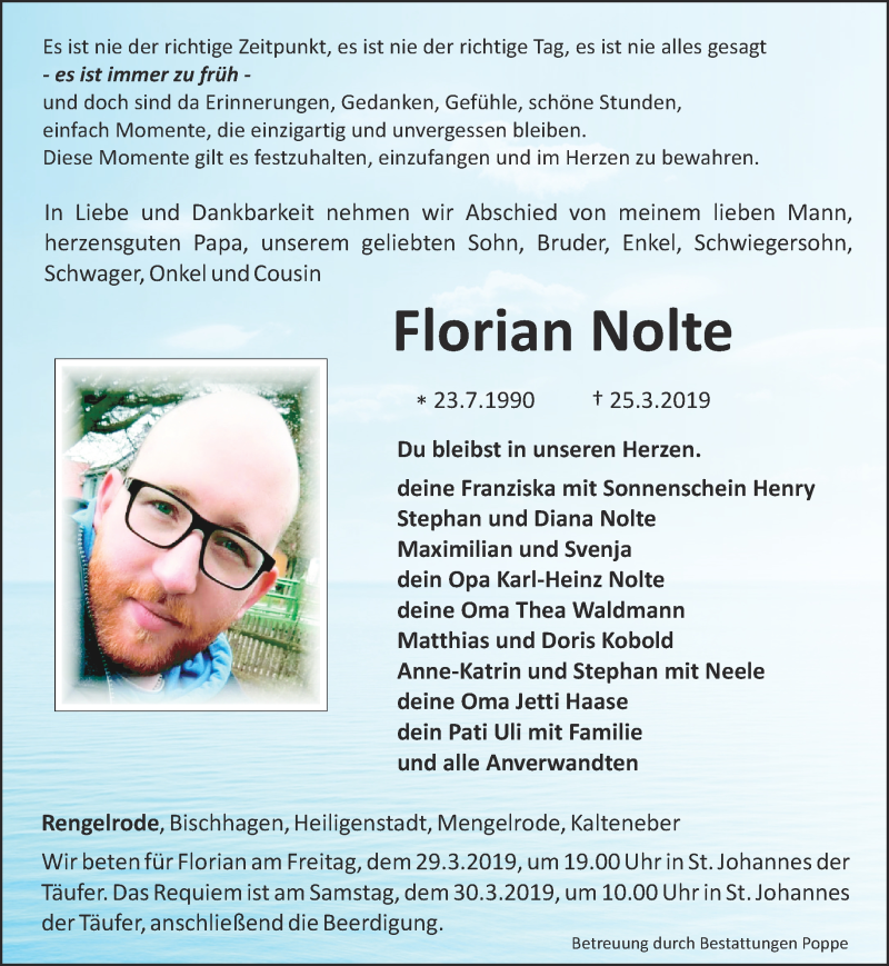  Traueranzeige für Florian Nolte vom 27.03.2019 aus Thüringer Allgemeine