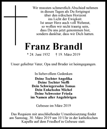 Traueranzeige von Franz Brandl von Thüringer Allgemeine, Thüringische Landeszeitung